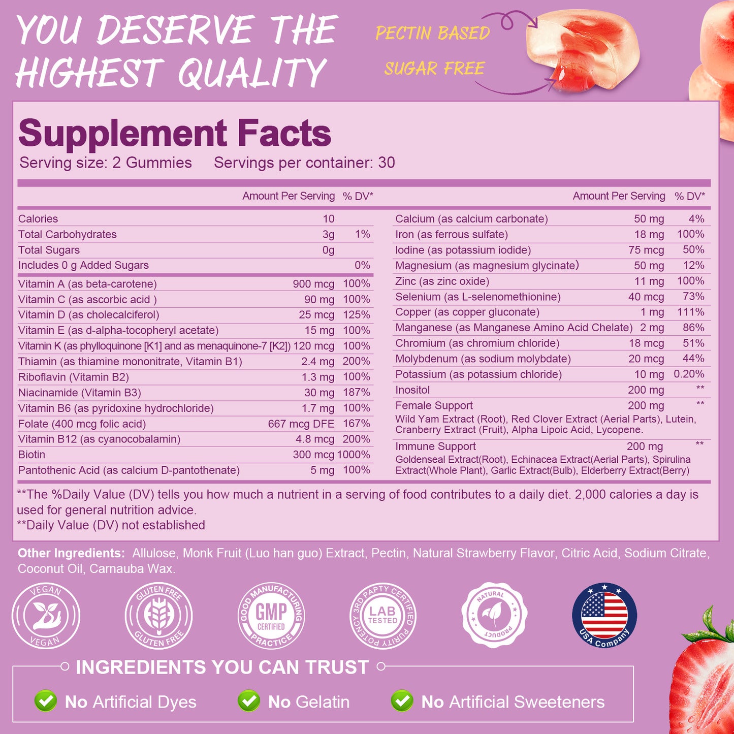 Totaria Sugar Free Multivitamin Gummies for Women 14+ w/Inositol, Iron, Folate, Biotin, Womens Daily Multivitamin Gummy w/Vitamin A, D, C, B, Support Hair, Skin, Energy, Immune, Strawberry Flavor