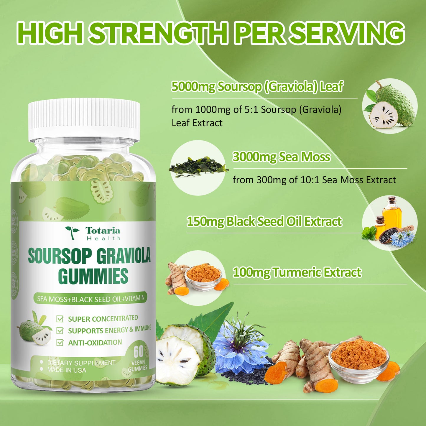 Soursop Graviola Sea Moss Gummies - 5000mg Soursop Oil Leaf with 3000mg Sea Moss, 150mg Black Seed Oil - Immune Support, Antioxidation - Sour Sop Multivitamin Graviola Leaves Edible Supplements
