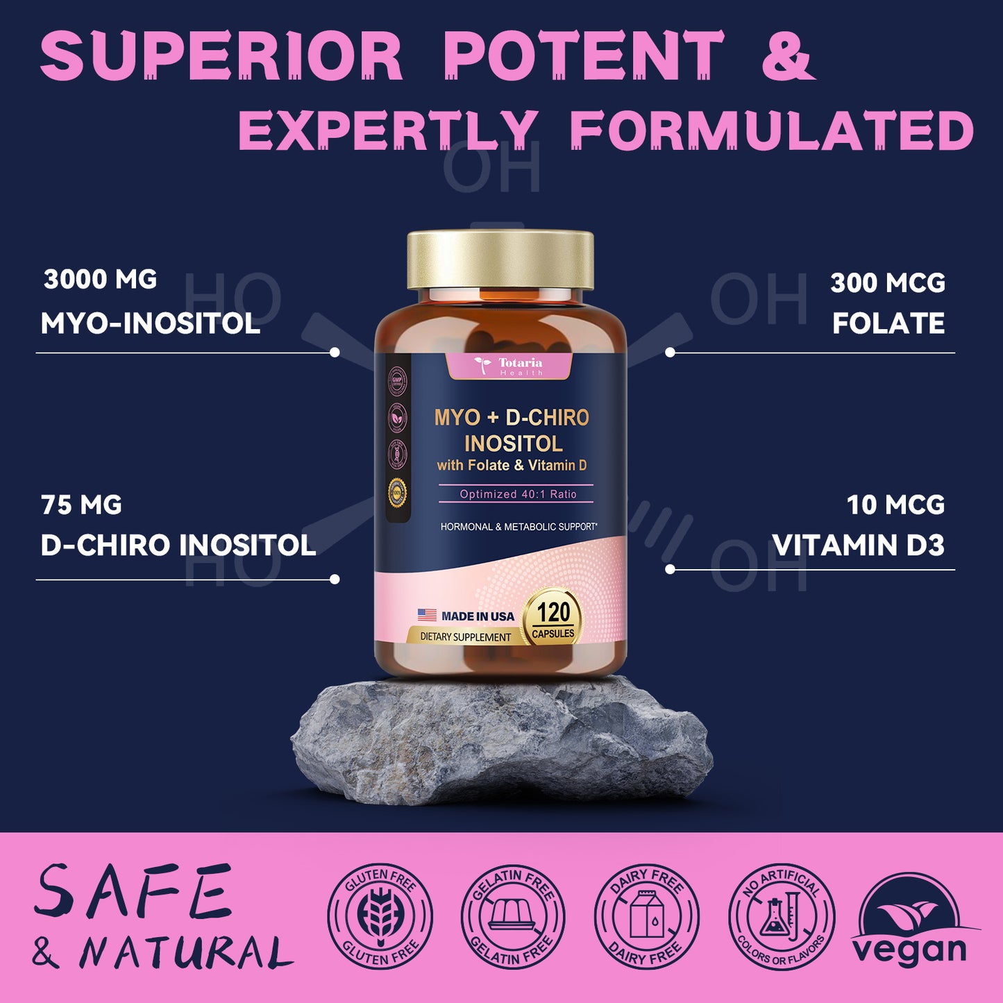 Inositol Supplement for Women with Vitamin D3, Folate, 40:1 Ratio Myo-Inositol 3000mg & D-Chiro Inositol 75mg Complex, (Vitamin B8) Inositol Capsules, 120 Capsules, 40 Servings