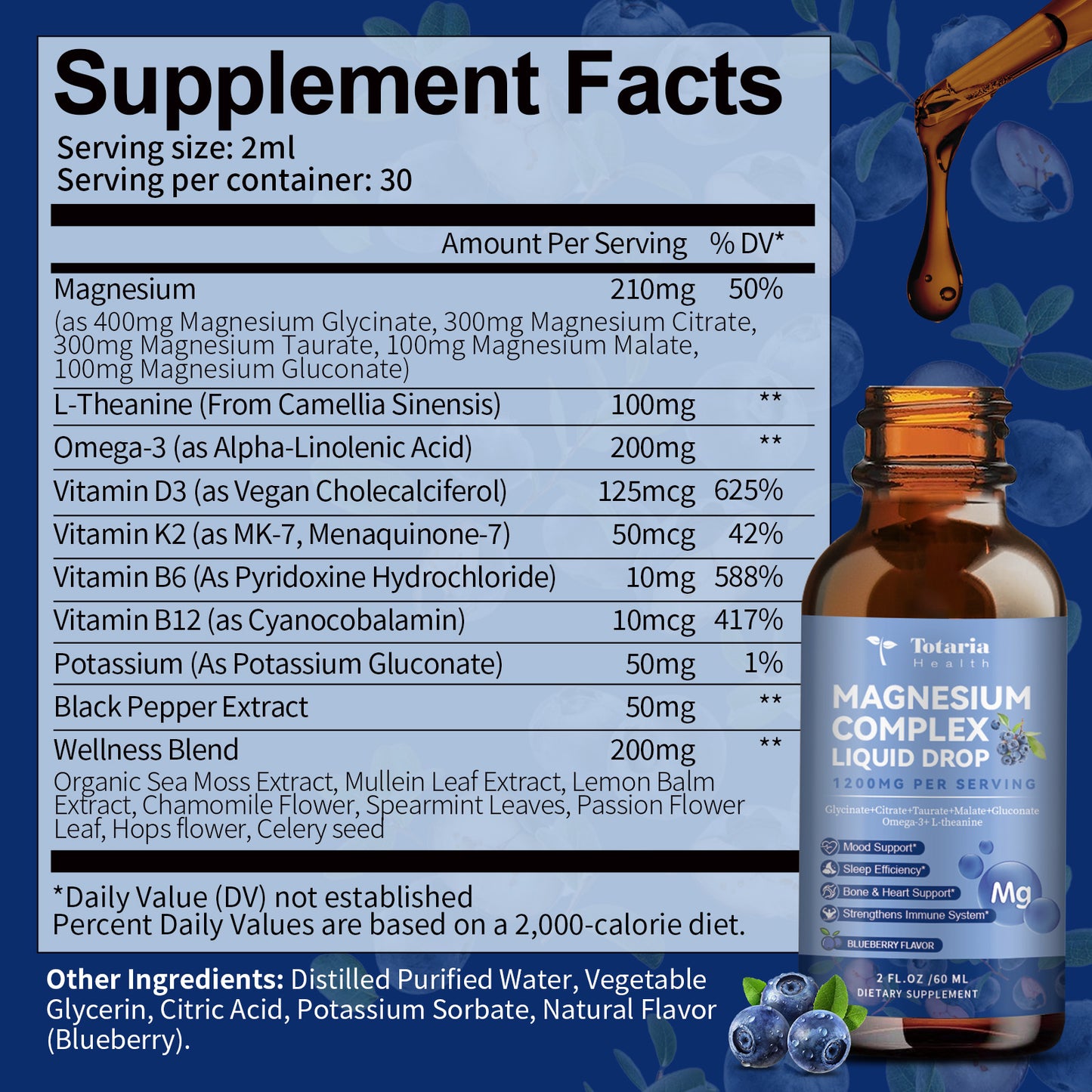 21 in 1 Magnesium Glycinate Complex Liquid Drop with Vitamin D3,K2,B6 & B12 Plus L-Theanine Omega-3 Sea Moss Extract for Energy,Sleep,Joint,Heart Health Sugar Free Blueberry Flavor,2 Fl Oz