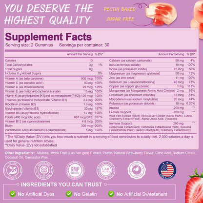 Totaria Sugar Free Multivitamin Gummies for Women 14+ w/Inositol, Iron, Folate, Biotin, Womens Daily Multivitamin Gummy w/Vitamin A, D, C, B, Support Hair, Skin, Energy, Immune, Strawberry Flavor