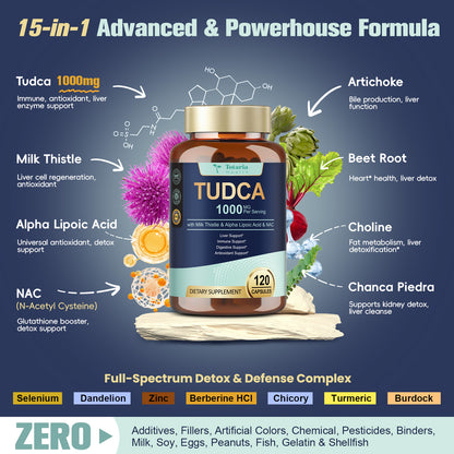 Totaria 15-in-1 TUDCA Liver Supplement 1000mg with Milk Thistle, ALA, NAC, Ultra Strength TUDCA (Tauroursodeoxycholic Acid) Bile Salts, Liver and Gallbladder Cleanse & Repair, Vegan, 120 Counts