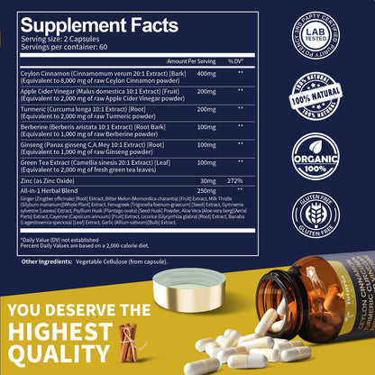 18-in-1 Ceylon Cinnamon Capsules 8000mg, Ultra Strength Ceylon Cinnamon Supplement w/ Apple Cider Vinegar Bitter Melon Turmeric Berberine, Vegan Capsules for Gut, Metabolism & Heart,120 Caps