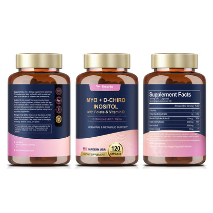 Inositol Supplement for Women with Vitamin D3, Folate, 40:1 Ratio Myo-Inositol 3000mg & D-Chiro Inositol 75mg Complex, (Vitamin B8) Inositol Capsules, 120 Capsules, 40 Servings