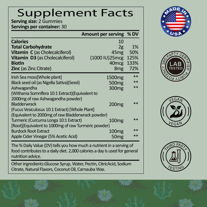 Sea Moss Black Seed Oil Gummies Extracts from Irish Seamoss Whole Plant Advanced with Black Seed Oil, Ashwagandha Burdock Root Turmeric Bladderwrack - Support Immune, Joints, Digestion, Hair & Skin