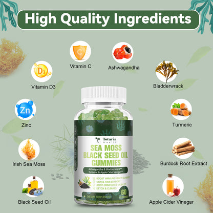 Sea Moss Black Seed Oil Gummies Extracts from Irish Seamoss Whole Plant Advanced with Black Seed Oil, Ashwagandha Burdock Root Turmeric Bladderwrack - Support Immune, Joints, Digestion, Hair & Skin