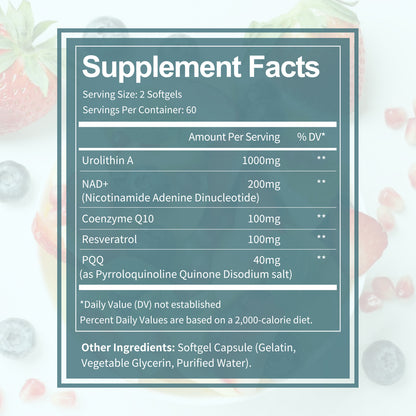 Urolithin A Supplement 1000mg with NAD+,CoQ10,Resveratrol,PQQ Supplement for Men Women 120 Softgels for Muscle Energy Antioxidants Vegan High Bioavailability