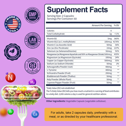 Thyroid Support Supplement Complex Capsules - Iodine Thyroid Supplement with L Tyrosine Bladderwrack Kelp Ashwagandha Selenium Supplements for Women & Man - Mood Enhancer Energy Blance Thyroid Level