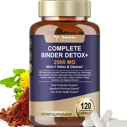 2000MG Complete Binder Detox+ Activated Charcoal, Zeolite, Bentonite Clay, NAC, Milk Thistle, Probiotic, All-in-1 Detox & Cleanse Supplement, Liver & Gut Support, 120 Capsules
