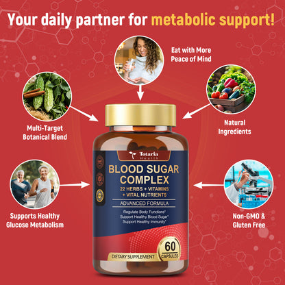 Blood Sugar Complex Capsules | 22 Herbs & Vitamins & Minerals | Supports Healthy Glucose Metabolism & Overall Wellness | Natural Supplement