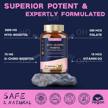 Inositol Supplement for Women with Vitamin D3, Folate, 40:1 Ratio Myo-Inositol 3000mg & D-Chiro Inositol 75mg Complex, (Vitamin B8) Inositol Capsules, 120 Capsules, 40 Servings