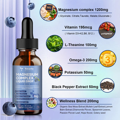 21 in 1 Magnesium Glycinate Complex Liquid Drop with Vitamin D3,K2,B6 & B12 Plus L-Theanine Omega-3 Sea Moss Extract for Energy,Sleep,Joint,Heart Health Sugar Free Blueberry Flavor,2 Fl Oz