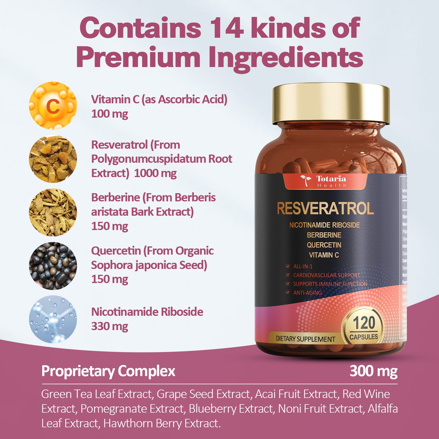Resveratrol Supplement 8000mg Extra Strength with Berberine Quercetin Green Tea Extract Grape Seed Extract Polyphenol Antioxidant Supplement Antioxidant & Heart Health Support 120 Capsules