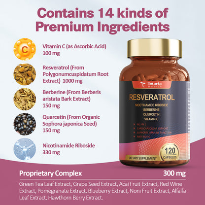 Resveratrol Supplement 8000mg Extra Strength with Berberine Quercetin Green Tea Extract Grape Seed Extract Polyphenol Antioxidant Supplement Antioxidant & Heart Health Support 120 Capsules